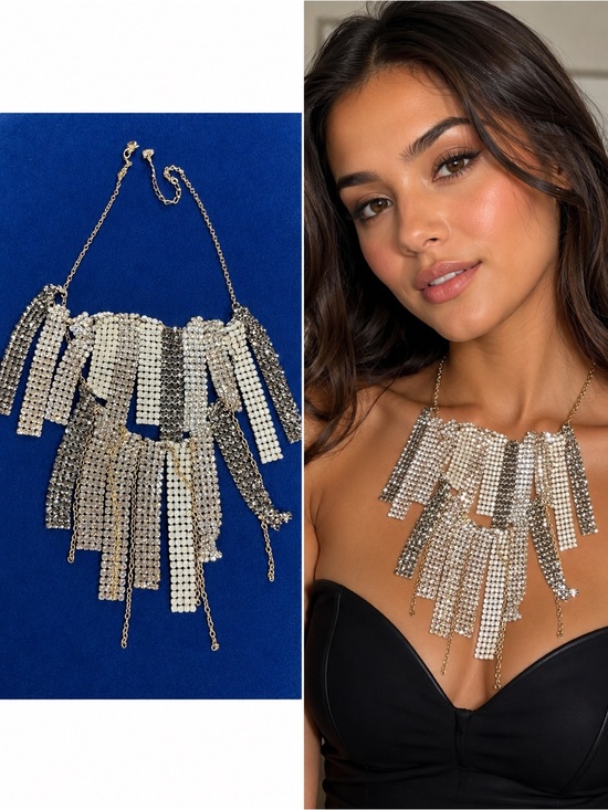 Swarovski Jewelry - Swarovski Necklace Silver Tone 42cm Double Chain Formal Party Fringe Statement